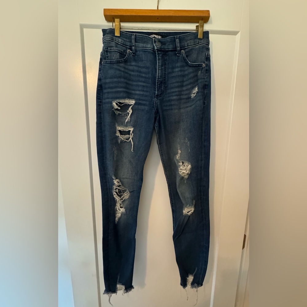 Express Dark Blue Distressed Skinny Jeans